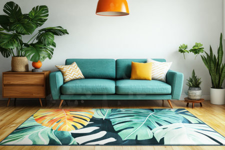 Vibrant tropical leaf rug in a mid-century modern home interior with a teal sofa, wooden sideboard, and an orange pendant lamp. White walls, wood floor, greenery decor, plants, and a retro design style, a mock-up room template for advertising. --ar 3:2 --v 6.1 Job ID: da20f29a-5f02-4a14-a642-db9ddabd70f4の素材
