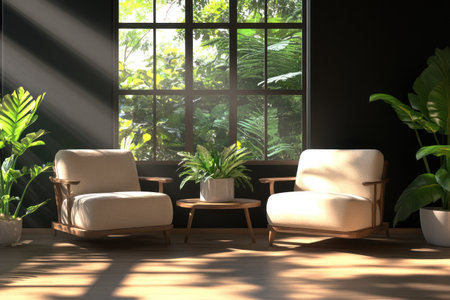 Modern interior design with two armchairs and plants, a black wall, a window, and a light wooden floor. Minimalist home decor for a living room or office. 3D rendering illustration of a modern interior design with beige chairs, a table, and greenery in the house, a home decoration concept. Cinematic shot, photo taken in the style of ARRI, photorealistic cinematic, incredibly detailed, with sharpening, sharp focus, and film grain. --ar 3:2 --v 6.1 Job ID: 60d9e970-4c0c-4b4e-8387-a7d0e62fb5ddの素材