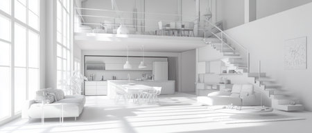 3D rendering of a white modern interior with a living room, dining area, and kitchen on the second floor of a loft apartment. All the furniture is made in the same style. Wide-angle lens. --ar 7:3 --v 6.1 Job ID: c094d77c-5941-4204-8bf0-4c9284b09efbの素材