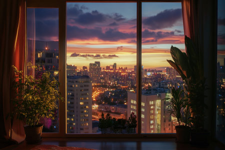 View from the window of an apartment overlooking a night city, with a sunset in the sky, lights on the buildings, and plants and potted flowers near the windowsill. A large panoramic glass door with frameless rounded edges is present. This is a photo-realistic, high-resolution photograph with professional color grading, soft shadows, no contrast, clean sharp focus, and a bokeh background, resulting in a cinematic photography style. --ar 3:2 --v 6.1 Job ID: 2766cccc-b6a8-4d12-8688-a4ded1ce71a1の素材
