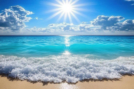 A blue wave on the beach with sunlight shining through, creating an elegant and peaceful scene. The sun is in full view, casting its rays over the water, illuminating the crystal-clear turquoise waves. This vibrant photo captures the beauty of nature's tranquility, showcasing a serene atmosphere that exudes serenity. --ar 3:2 --v 6.1 Job ID: 616a7d5c-c8b6-495f-a965-2892d9e3ddeaの素材