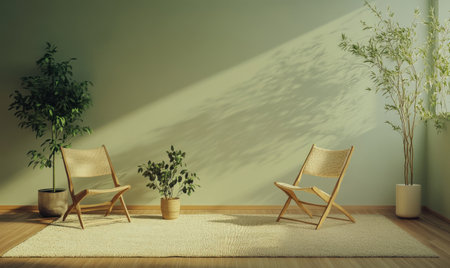 Modern minimalist style, light beige carpet with small plants and chairs placed on it, light green wall background, wooden floor, high-resolution photography, high detail, hyper-realistic, cinematic. --ar 5:3 --v 6.1 Job ID: c8e3b234-357f-45b2-ace7-18ae46c185d6の素材