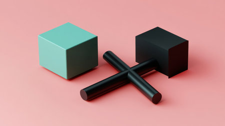 3D render, a colorful geometric background with three simple shapes: a cube and a cross on a pink background, in an isometric view, in a minimalistic style. Cinema4D rendering, rendered in Redshift, with solid colors: dark green, turquoise, and magenta. --chaos 30 --ar 16:9 --v 6.1 Job ID: 05ff5b3a-e864-4e9e-9ab1-429402ebd198の素材