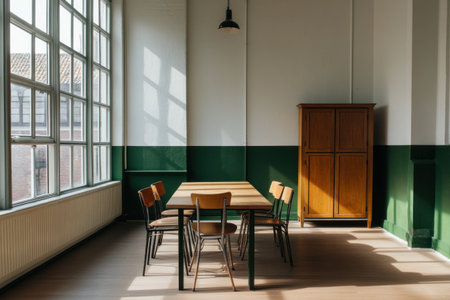 A photo of an apartment dining room in Amsterdam. The walls are white with a green accent wall. Large windows are on the left side. The table and chairs are modern and made of wood. A cabinet is against one wall. The image is shot from a wide angle, with natural lighting. --ar 3:2 --v 6.1 Job ID: dda7454c-f867-4b04-92b8-c3b839d91217の素材