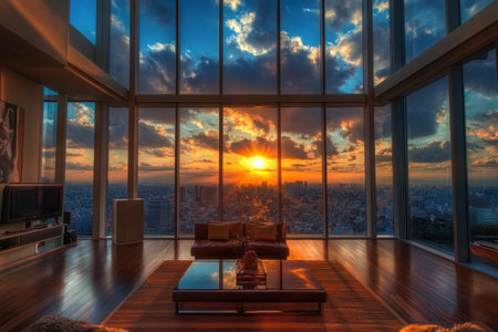 Stunning view of Tokyo from the living room, with floor-to-ceiling windows showcasing the sunset and skyline. This interior design photography captures the scene in high resolution. --ar 3:2 --v 6.1 Job ID: 6a6ff36a-690e-4d7b-999b-af18adee3858の素材