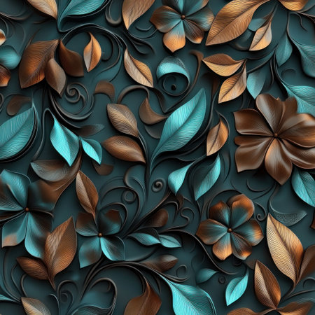 3D render, teal and brown floral pattern with leaves --v 6.1 Job ID: 4d76f3e1-f5c2-458f-8a7a-97152e8041e6の素材
