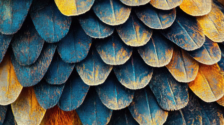 A pattern of abstract shapes in the colors blue, orange, and yellow. They form a wavy texture that resembles scales or armor, with soft lighting creating subtle reflections on each scale. The background is a gradient from dark to light, enhancing the contrast between the bright textures and darker areas. --chaos 30 --ar 16:9 --v 6.1 Job ID: b868ceca-c22b-45b2-b3c7-8d6b5fffd2faの素材