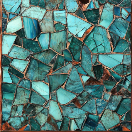 A mosaic of broken turquoise glass with copper edges. --v 6.1 Job ID: 5fba4ad1-59e9-426f-90a2-7289d40fc642の素材