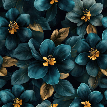 A pattern of dark teal and gold flowers with green leaves, repeating on a black background. Digital art in the style of James Jean, hyper-detailed and high-resolution. --v 6.1 Job ID: 28a600a5-f46c-47b9-9194-a5b7c55dece2の素材