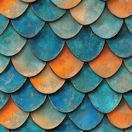 A flat texture of dragon scales in blue, orange, and teal. --v 6.1 Job ID: 6f810781-1e12-4e00-af4b-4880a4622d4bの素材