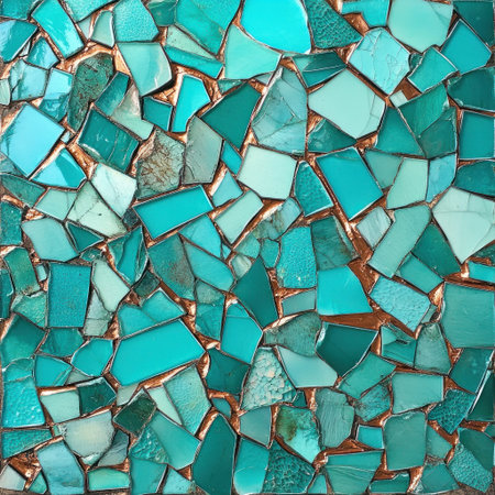 A mosaic of broken turquoise glass with copper edges. --v 6.1 Job ID: 5fba4ad1-59e9-426f-90a2-7289d40fc642の素材