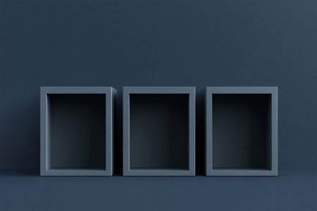 3D rendering of three simple gray cubes on a dark blue background. A minimal scene for a product display presentation design concept. Mockup of an empty showcase. --ar 3:2 --v 6.1 Job ID: d9321f97-3b37-4aa3-b3b9-fa374288224cの素材