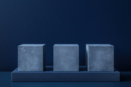 3D rendering of three simple gray cubes on a dark blue background. A minimal scene for a product display presentation design concept. Mockup of an empty showcase. --ar 3:2 --v 6.1 Job ID: d9321f97-3b37-4aa3-b3b9-fa374288224cの素材