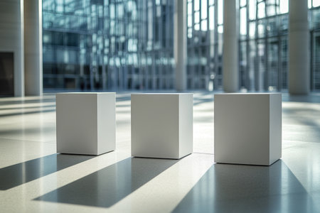 3 white cube pedestals, minimalist background, simple shapes, soft lighting, high-resolution photography, hyperrealistic, ultra-detailed, --ar 3:2 --v 6.1 Job ID: a612ef4f-7e44-4635-a0a9-c691abf446a3の素材