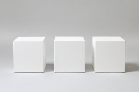 3 white cube pedestals, 2D flat illustration, plain background, minimalist, simple, white color palette, high resolution, high contrast, sharp focus, professional photograph --ar 3:2 --v 6.1 Job ID: 008e320e-c6b0-4e1a-b77e-ea916fede36dの素材