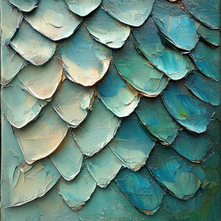 Shards of seafoam green and turquoise dragon scales, painted with oil paint. --v 6.1 Job ID: 2436518c-2f2b-4920-b86d-7f88c5f5a1b4の素材