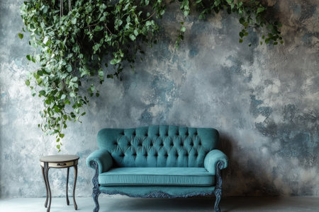 Photo of a teal sofa and side table in front of a grey wall with a hanging plant, creating an elegant living room interior design. --ar 3:2 --v 6.1 Job ID: 444fa5f0-e138-44f2-8a30-ea12c8fd01feの素材