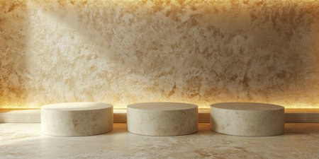 3D render of simple, minimalistic round podiums in an empty space for product display presentation. The background concept features a golden color tone. --ar 2:1 --v 6.1 Job ID: 952742a5-7827-404f-8af9-9ba536bd8a55の素材