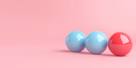 3D render of colorful spheres floating on a pink background. Abstract composition with pastel colors. Minimalist style. The design is simple and elegant, featuring soft shapes and clean lines. It creates an atmosphere of calmness and tranquility. Blue, red, turquoise. --ar 2:1 --v 6.1 Job ID: a6c14db2-97f4-477e-9910-d1e01a367f5fの素材