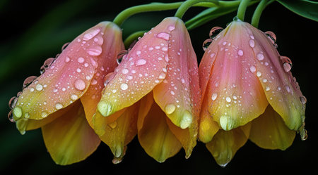 A close-up of pink and yellow tulips with water droplets on the petals, captured in high resolution with a Canon EOS R5 mirrorless camera using a macro lens. --ar 128:71 --v 6.1 Job ID: 7a0f09b4-d2d8-418f-aec7-f41fa3a52935の素材