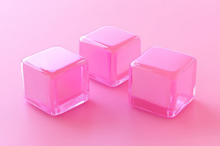 3D rendering of three pink cubes on a pastel background for a product display presentation. Minimal abstract geometric design with simple shapes, creating a cute and dreamy, cartoonish aesthetic. The color scheme is predominantly pink, presented in a flat lay composition. --ar 3:2 --v 6.1 Job ID: ef11f0d7-f58c-444c-80e2-14a5d84a3f9aの素材