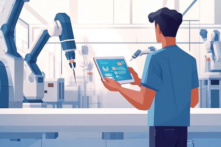 The man is holding an iPad and operating the tablet with his right hand, displaying digital marketing data on it in front of robotic arms at a factory. The background features white and blue colors, creating a modern industrial atmosphere. This scene symbolizes how technology has changed the way we do business by using AI for innovative mobile visualization techniques. --ar 3:2 --v 6.1 Job ID: 269227c6-81f9-4ff4-9271-21d80129f328の素材