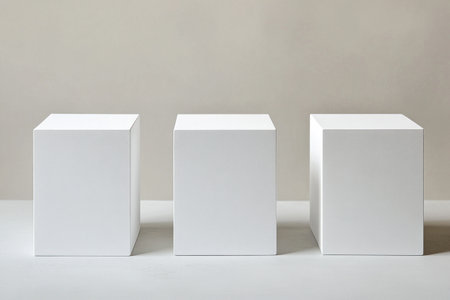 3 white cube pedestals, 2D flat illustration, plain background, minimalist, simple, white color palette, high resolution, high contrast, sharp focus, professional photograph --ar 3:2 --v 6.1 Job ID: 008e320e-c6b0-4e1a-b77e-ea916fede36dの素材