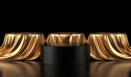 3D render, abstract black background with golden fabric podium and gold foil for product presentation mock-up. Black pedestal on a luxurious cloth in a studio room. --ar 17:10 --v 6.1 Job ID: 9a66dc81-48ba-41c1-9bab-fec46fcd402cの素材