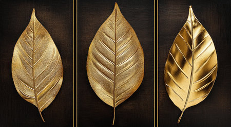 3 golden leaves on a black background, with gold foil, in an art deco style, a minimalist design, three panels, one large leaf in the middle and two smaller leaves on each side, varying sizes of golden leaves, a golden glittering effect, white space between the panels, soft lighting, a dark brown background, an elegant composition, a sophisticated and luxurious mood, high resolution, high quality. --ar 9:5 --v 6.1 Job ID: 84c0f927-b6f1-41cc-b248-0a05465d23fdの素材