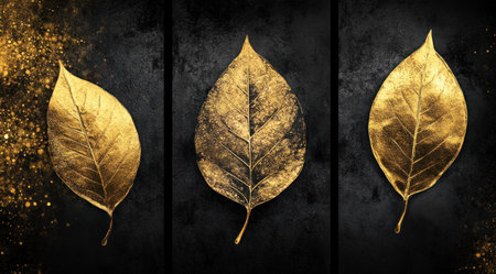 3 pieces of golden leaf art paintings, with a black background, featuring golden foil, gold leaf, gold glitter, and a gold glittering texture. The artwork also includes a black and white gradient, a black velvet texture, and a minimalist, flat design style. The ultra-high definition, ultra-fine details, and simple yet exquisite composition create a serene scene of golden leaves with moonlight shining on them. --ar 9:5 --v 6.1 Job ID: 4664eaba-55b8-43bf-8423-304587455b42の素材