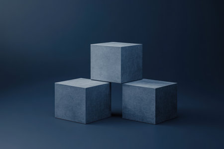 3D rendering of three simple gray cubes on a dark blue background. A minimal scene for a product display presentation design concept. Mockup of an empty showcase. --ar 3:2 --v 6.1 Job ID: d9321f97-3b37-4aa3-b3b9-fa374288224cの素材