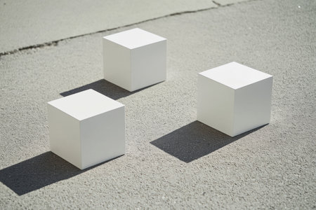 3 white cube pedestals on the ground, simple background, minimalism, vector illustration, 2D flat design, white color palette, high resolution, hyper-detailed, high contrast, clean and sharp focus, professional photography, natural lighting, studio lighting, shot with a Sony Alpha A7 III camera. --ar 3:2 --v 6.1 Job ID: f54dbe2d-1e92-4bb2-9429-390dbeda8dd7の素材