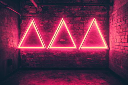 Neon triangular lights on a dark background, in an industrial room with grunge brick walls, creating a pink and red glow effect. --ar 3:2 --v 6.1 Job ID: cb44edf3-57f2-4fb6-89f3-be43c211f166の素材