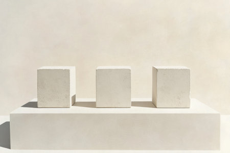 3 white cube pedestals, simple background, 2D vector illustration, simple shapes, white background, minimalist design, no shadows, flat lay view of the object, centered composition, soft lighting, high resolution --ar 3:2 --v 6.1 Job ID: 41e0a681-ca08-4cc8-99cb-8ea4b8011407の素材