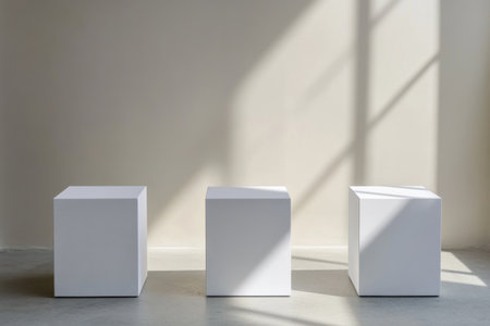 3 white cube pedestals, simple background, soft lighting, product photography, minimalism, simple background, high resolution, no shadows, hyperrealistic, highly detailed. --ar 3:2 --v 6.1 Job ID: 8726ed64-273a-42e6-9a36-ce4229f2463aの素材