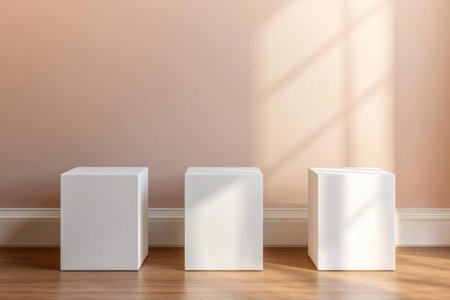 3 white cube pedestals, simple background, soft lighting, product photography, minimalism, simple background, high resolution, no shadows, hyperrealistic, highly detailed. --ar 3:2 --v 6.1 Job ID: 8726ed64-273a-42e6-9a36-ce4229f2463aの素材