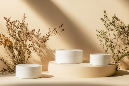 3 white, minimal cylindrical pedestal platforms on an isolated background, a product display scene or stage showcase composition for the presentation and promotion of cosmetic products. --ar 3:2 --v 6.1 Job ID: 5e122825-30ed-40c9-aee8-386bdfd06c93の素材