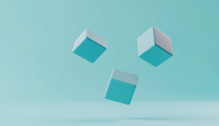3D render of flying blue cubes on a solid background, in the style of a minimalist style. --ar 26:15 --v 6.1 Job ID: 47eb43fb-4d00-4d5f-b1dd-9defa520f252の素材
