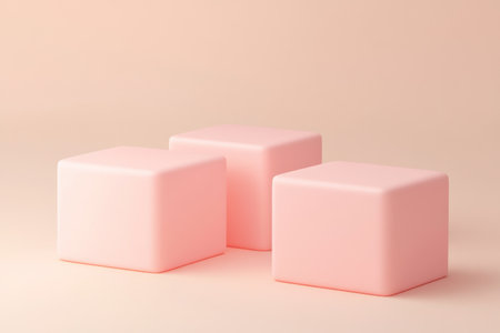 3D rendering of a pink cube podium on a pastel background. A minimal, abstract, geometric platform for product presentation. A simple scene with three square blocks and empty space for design and advertising. --ar 3:2 --v 6.1 Job ID: aff5b005-eab4-4a98-9479-bf33efe3d00fの素材