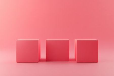 3D rendering of a pink cube podium on a pastel background. A minimal, abstract, geometric platform for product presentation. A simple scene with three square blocks and empty space for design and advertising. --ar 3:2 --v 6.1 Job ID: aff5b005-eab4-4a98-9479-bf33efe3d00fの素材