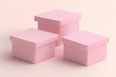 3D rendering of three pink boxes on a light pastel background. Minimal geometric platform for product presentation, showcase, and display design. Simple abstract minimalistic scene with soft shadows. Design concept. Pastel color theme. Isolated vector illustration style. --ar 3:2 --v 6.1 Job ID: c4a2d107-7722-4232-ad9e-4ef0113867b5の素材