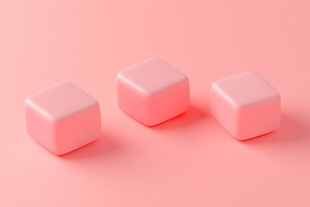 3D rendering of three pink cubes on a pastel background for a product display presentation. Minimal abstract geometric design with simple shapes, creating a cute and dreamy, cartoonish aesthetic. The color scheme is predominantly pink, presented in a flat lay composition. --ar 3:2 --v 6.1 Job ID: ef11f0d7-f58c-444c-80e2-14a5d84a3f9aの素材