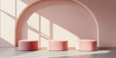 3D render, pink podiums with rounded shapes on a pastel background, minimalist style, pink color palette, high resolution, high quality, high detail, sharp focus, studio lighting, professional photo shoot, in the style of Fujifilm Superia X-TRA 800 --ar 2:1 --v 6.1 Job ID: 78197c81-4b37-44b1-a4ca-875b1e734dfcの素材