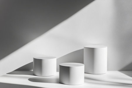 3 white minimalist cylindrical pedestal podiums on a plain background, a minimalist concept, studio lighting, high-resolution photography, incredibly detailed. --ar 3:2 --v 6.1 Job ID: 2f032de7-70be-4f4b-873e-6053dc59f8c6の素材
