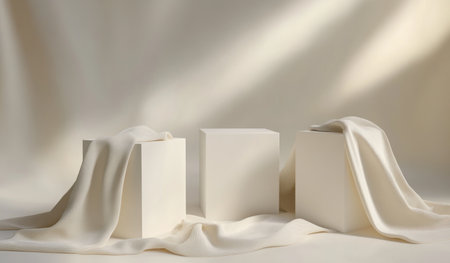 3D rendering of three white cube boxes on the ground with cloth draped over them, set against a simple and clean background with studio lighting. C4D modeling, in the style of a publicity poster. --ar 17:10 --v 6.1 Job ID: e915f75e-e82a-4b70-9ceb-2c30de5a0eb5の素材