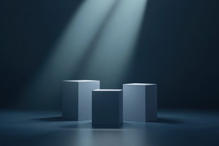 3D rendering of three gray cubes on a dark blue background with a spotlight. Minimal abstract geometric scene, a podium for product display, presentation mockup design, advertising, and showcase concept. Studio lighting, high quality. --ar 3:2 --v 6.1 Job ID: 615b66b1-9530-499b-8873-55ffc3d12767の素材