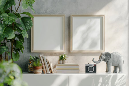 A mockup of two blank wooden frames on the wall above a white dresser, in a Scandinavian-style interior design with plants, books, a Polaroid camera, and an elephant statue, featuring neutral tones. --ar 3:2 --v 6.1 Job ID: 2272c647-e205-4662-8ee5-a25ed3732f03の素材