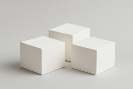 3 white cube pedestals, simple background, 2D illustration, minimalistic, flat lay on a light gray solid color surface --ar 3:2 --v 6.1 Job ID: ba0fedeb-5fea-4fe0-937e-b62ac03e979dの素材