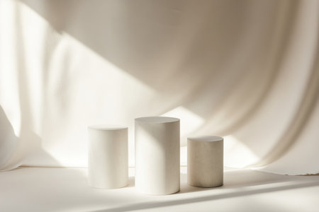 3 white minimalist cylindrical pedestal podiums on a plain background, a minimalist concept, studio lighting, high-resolution photography, incredibly detailed. --ar 3:2 --v 6.1 Job ID: 2f032de7-70be-4f4b-873e-6053dc59f8c6の素材