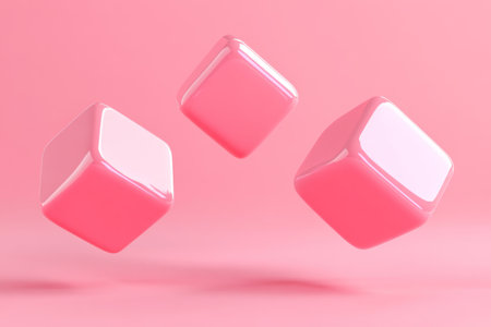 3D rendering of three pink cubes on a pastel background for a product display presentation. Minimal abstract geometric design with simple shapes, creating a cute and dreamy, cartoonish aesthetic. The color scheme is predominantly pink, presented in a flat lay composition. --ar 3:2 --v 6.1 Job ID: ef11f0d7-f58c-444c-80e2-14a5d84a3f9aの素材